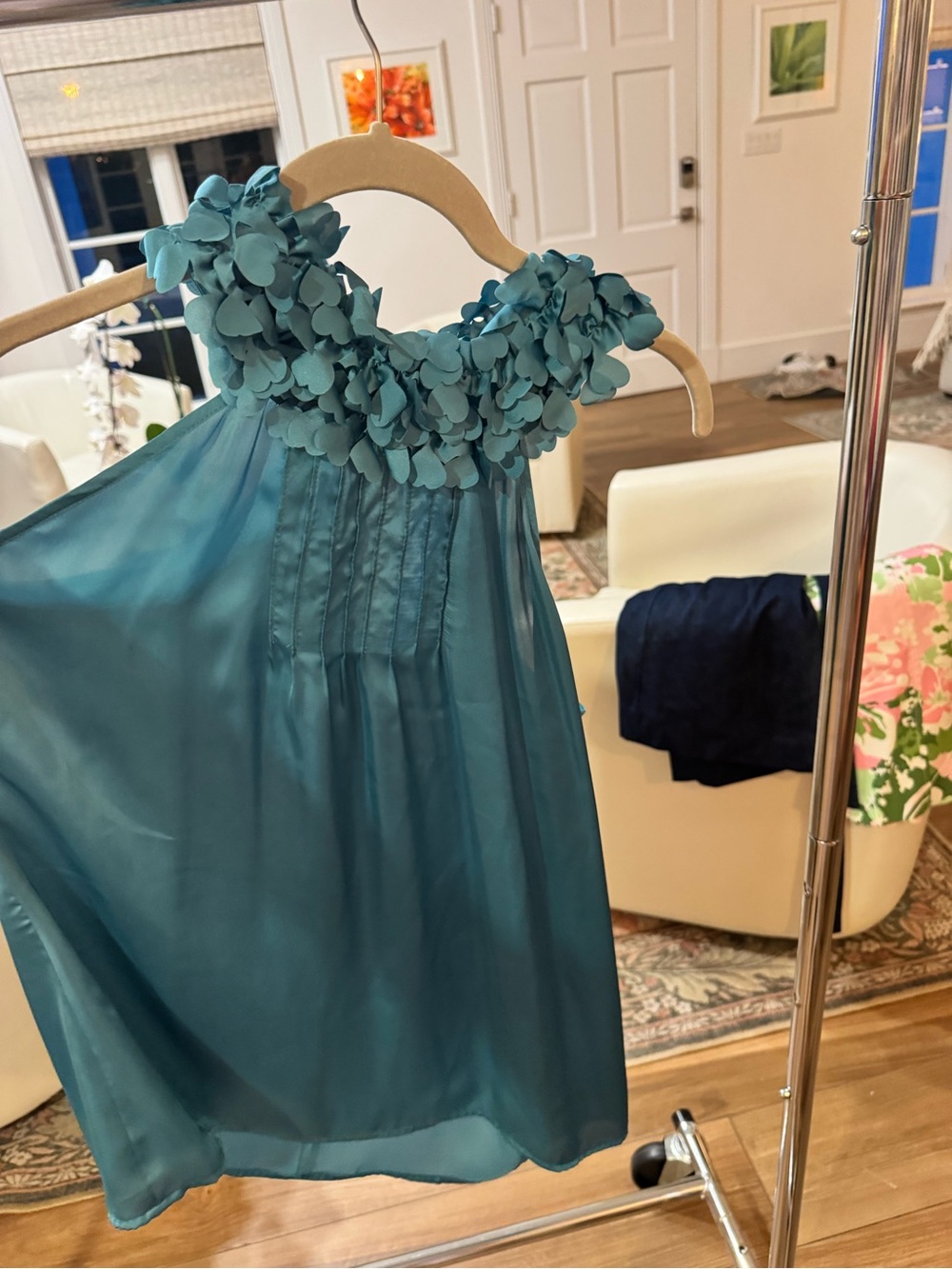 Violet & Claire Teal Floral Appliqué Chiffon Top